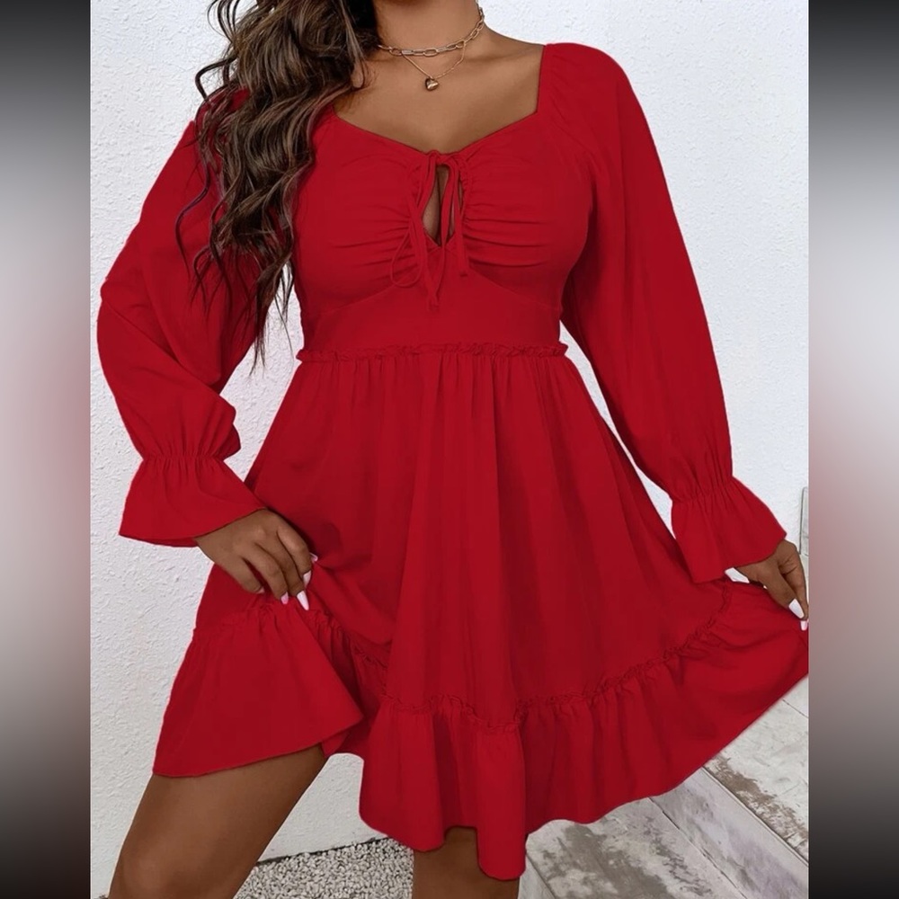 Plus Tie Front Flounce Sleeve Ruffle Hem Dress